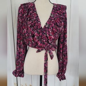 Floral Ruffle Wrap Pleated  Sleeve Crop Top